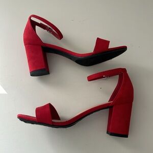 Red open toe suede block heels